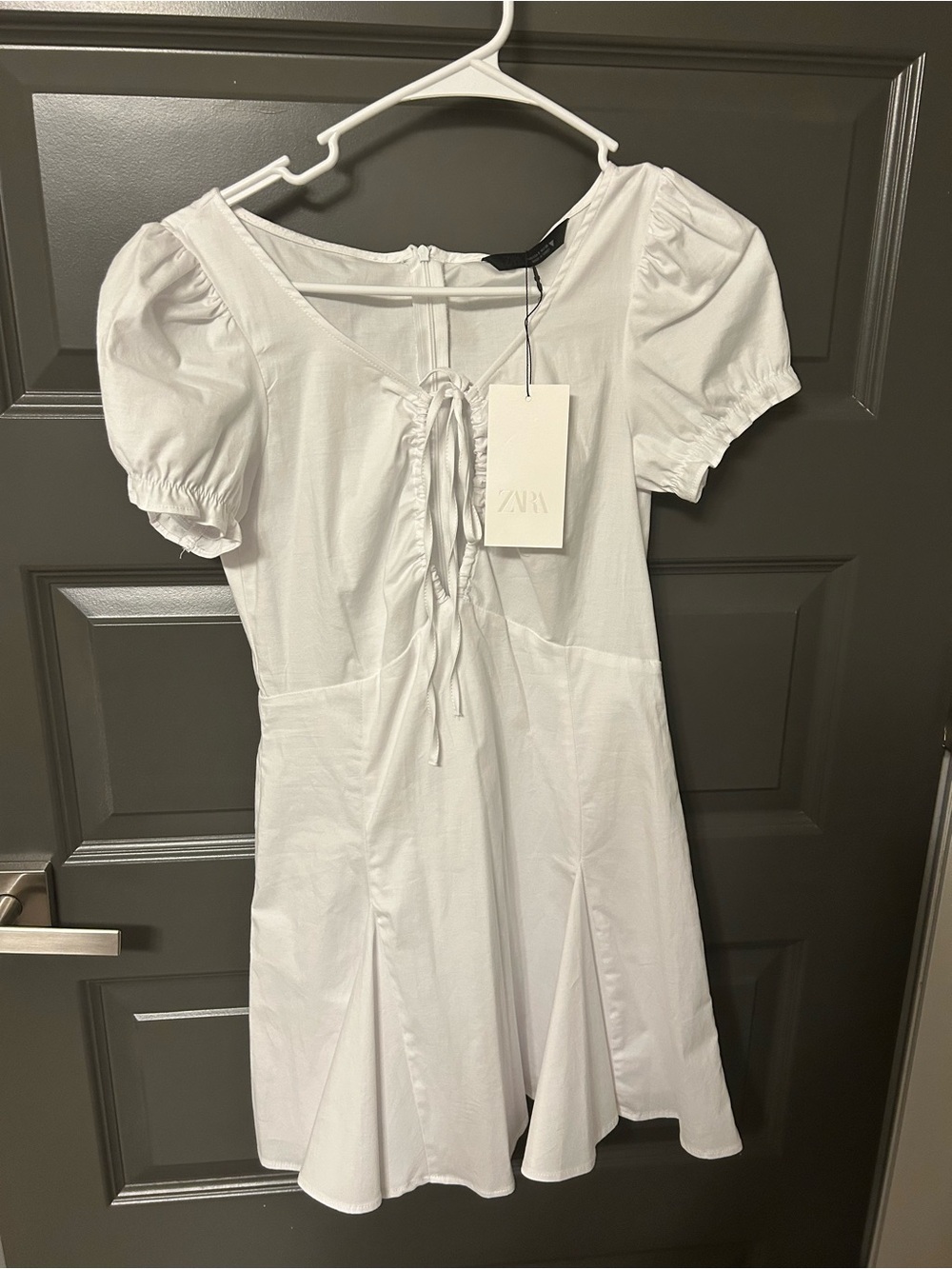 Zara White Puff-Sleeve Lace-Up Mini Dress